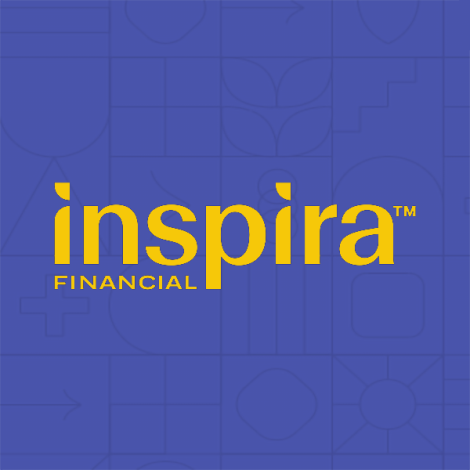 inspira logo light blue patterend background spellling inspira financial in yellow gold